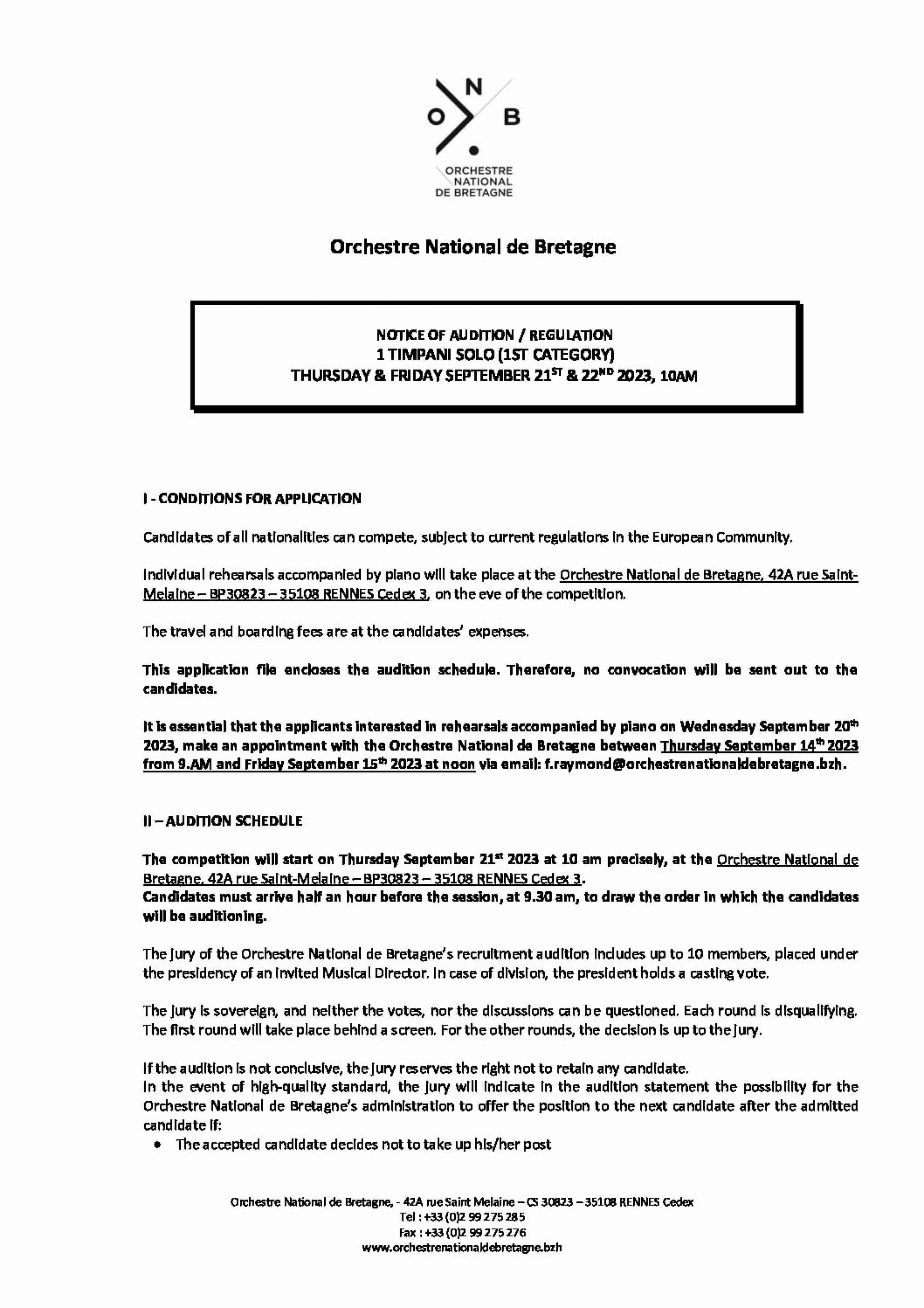 2023 Notice of audition Timpani Orchestre National de Bretagne