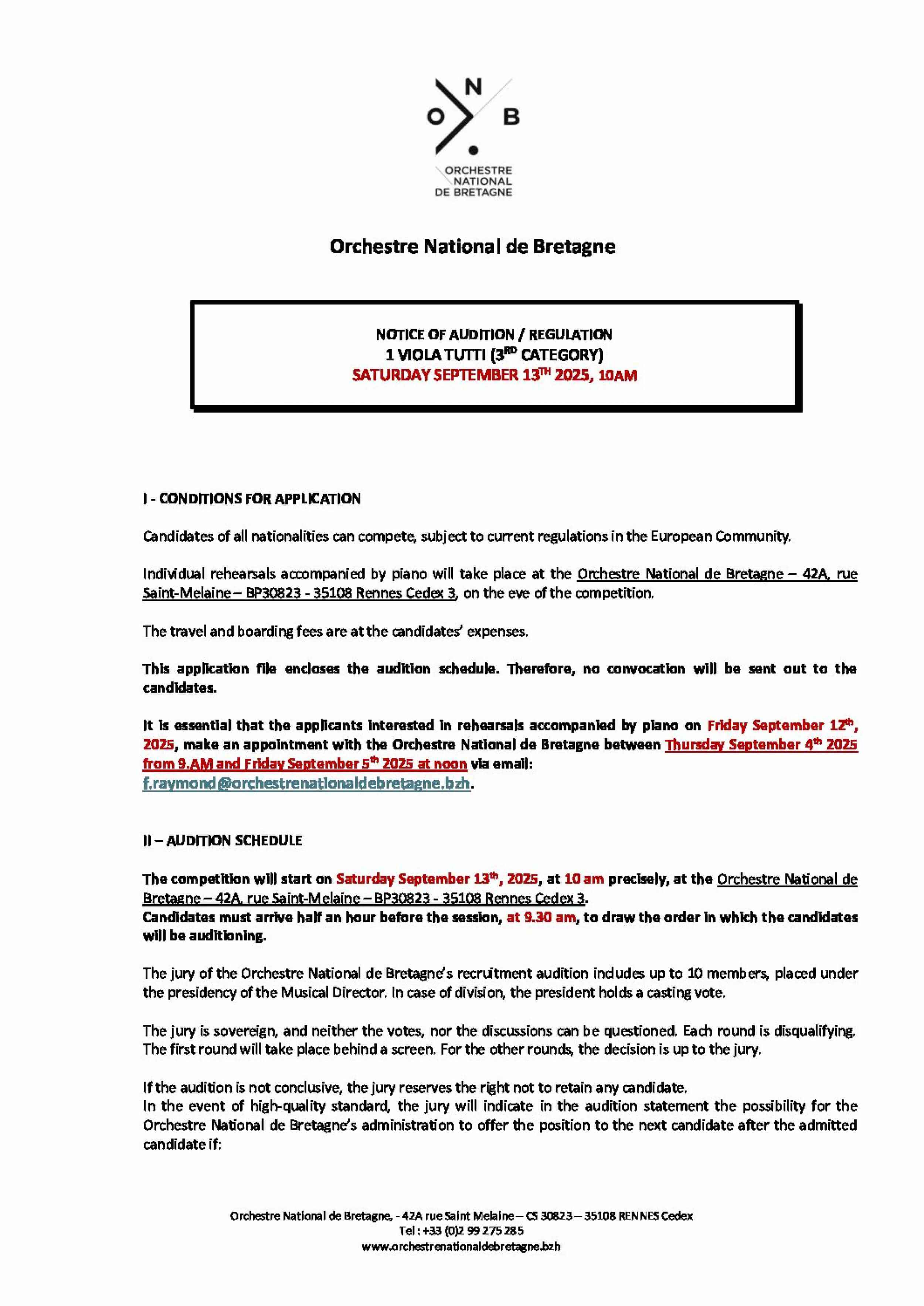 2025 Notice of audition viola