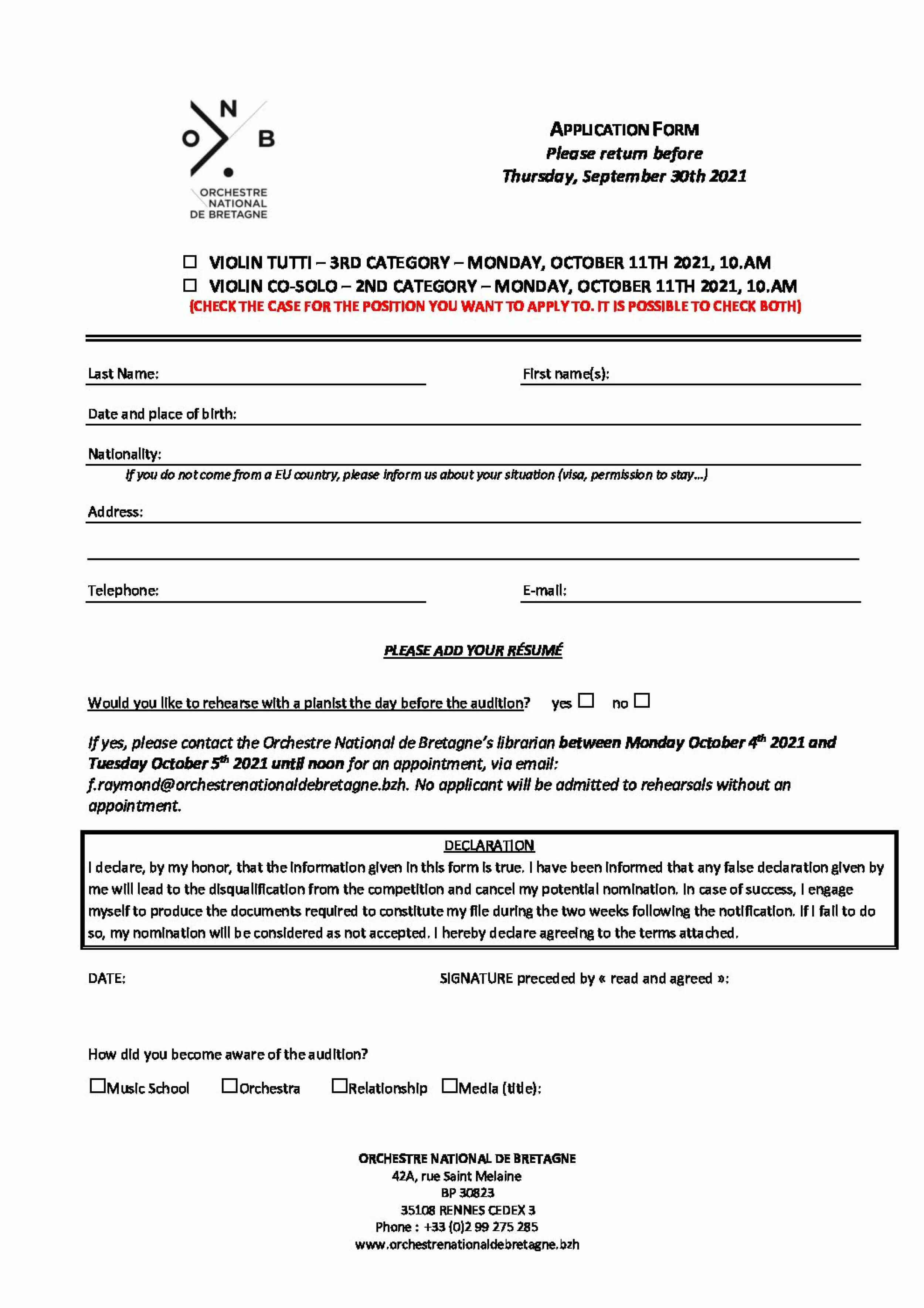 Application Form violin tutti + violin co-solo